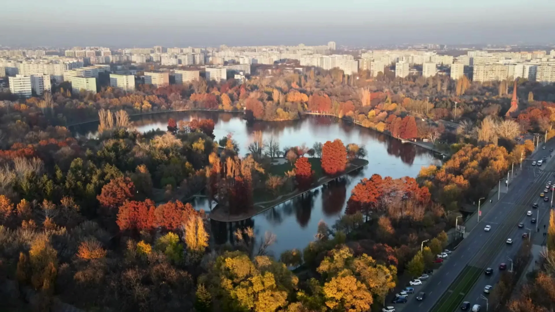 Aerial view of a Bucharest park in autumn colours