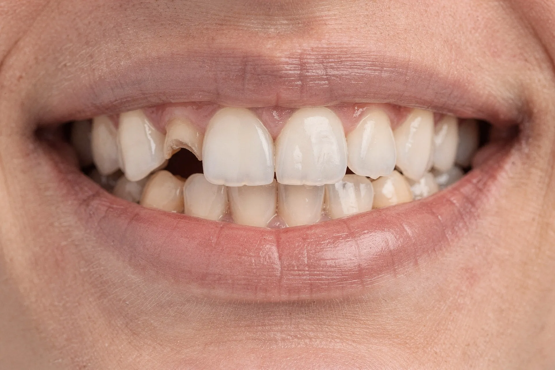 Simulation: a damaged front tooth before implant treatment