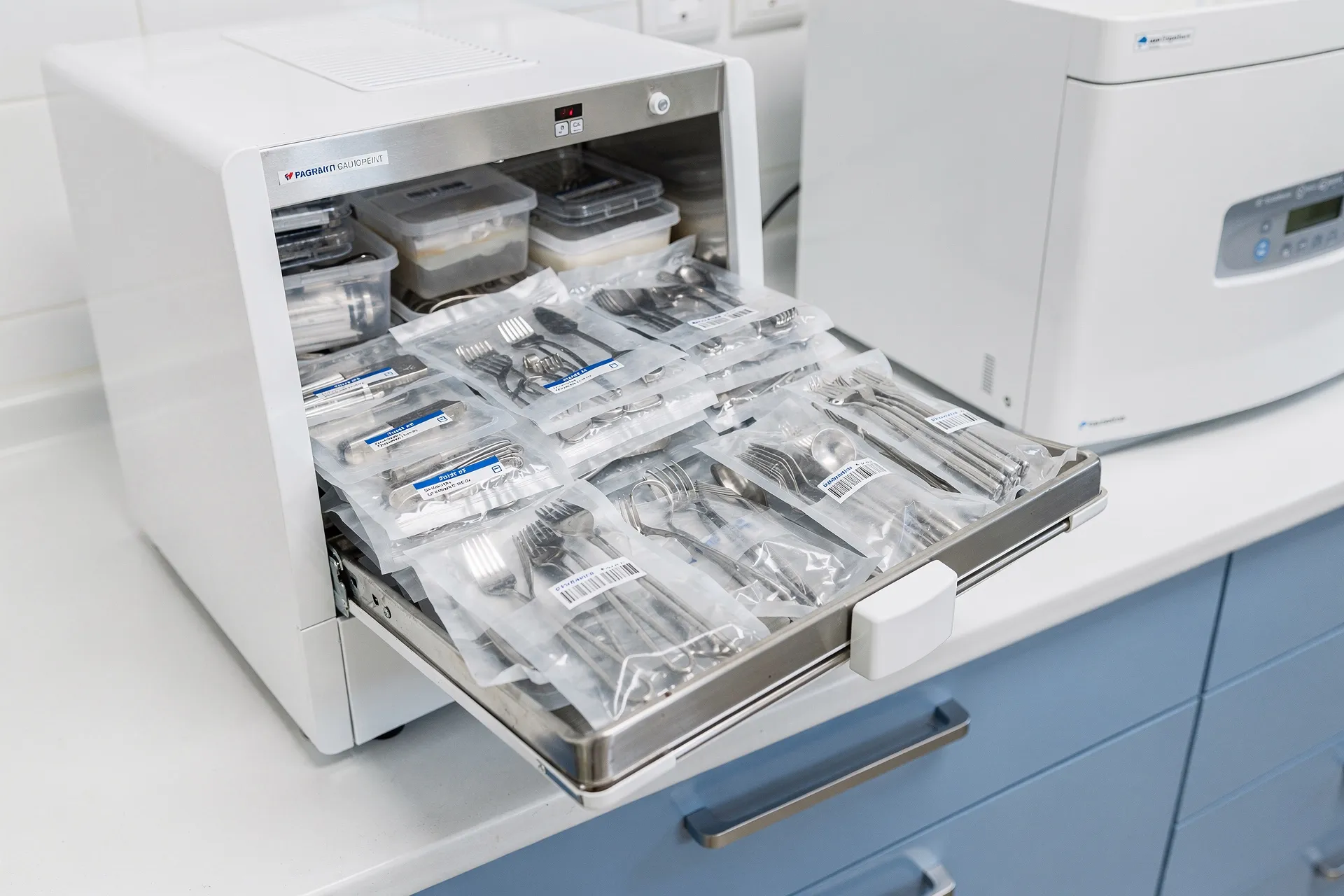 Sealed sterile instrument pouches fresh from the autoclave